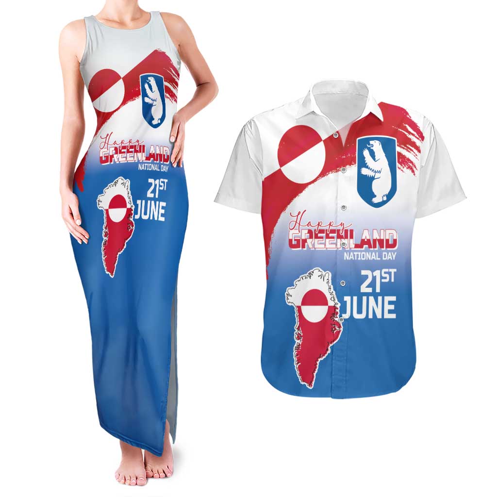 Greenland National Day Couples Matching Tank Maxi Dress and Hawaiian Shirt National Country Flag and Emblem with The Map