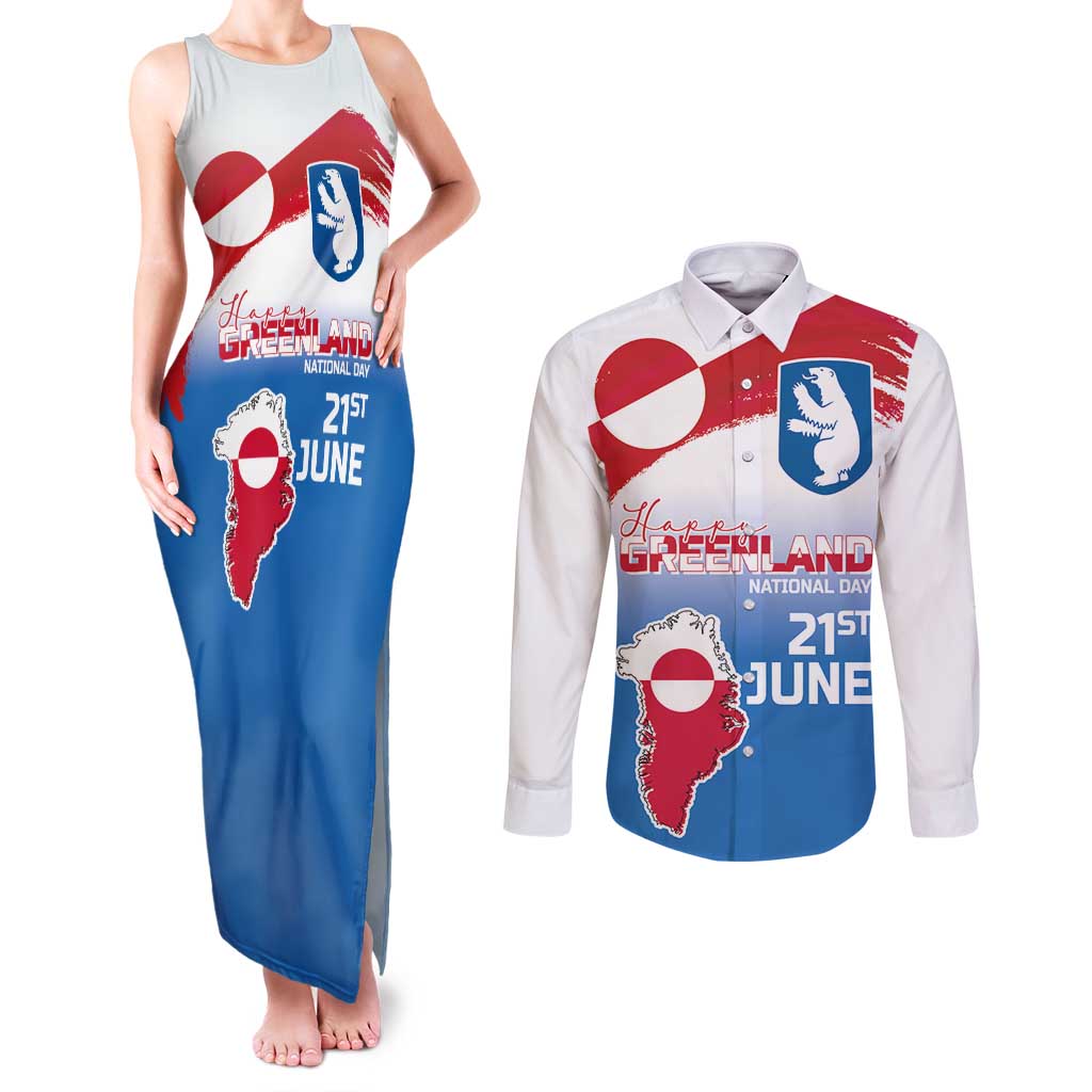Greenland National Day Couples Matching Tank Maxi Dress and Long Sleeve Button Shirt National Country Flag and Emblem with The Map