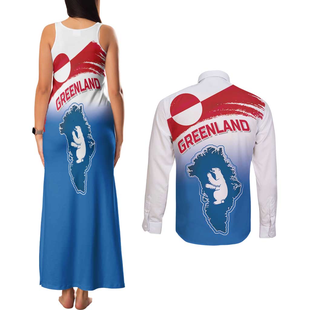 Greenland National Day Couples Matching Tank Maxi Dress and Long Sleeve Button Shirt National Country Flag and Emblem with The Map