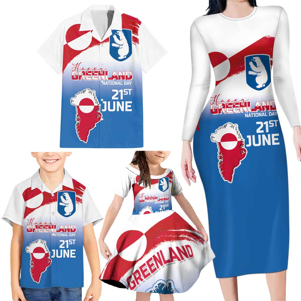 Greenland National Day Family Matching Long Sleeve Bodycon Dress and Hawaiian Shirt National Country Flag and Emblem with The Map