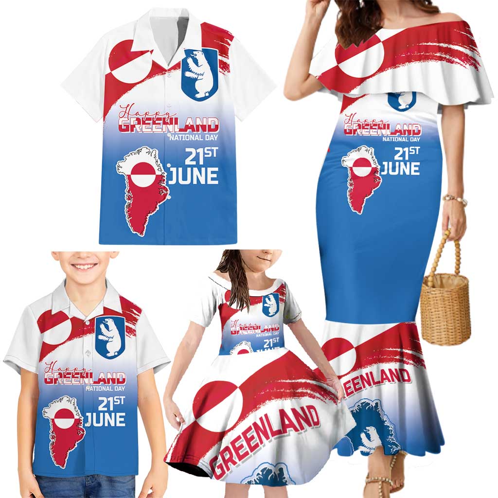 Greenland National Day Family Matching Mermaid Dress and Hawaiian Shirt National Country Flag and Emblem with The Map