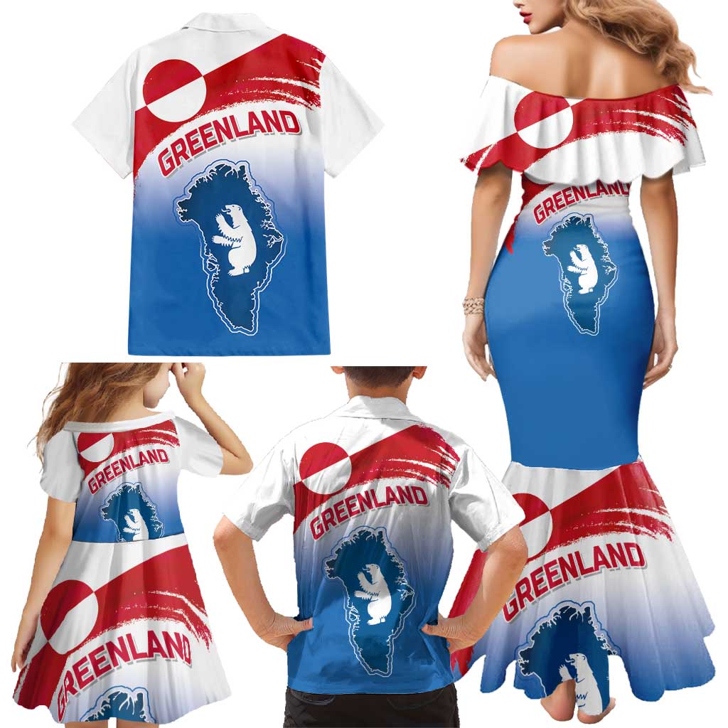 Greenland National Day Family Matching Mermaid Dress and Hawaiian Shirt National Country Flag and Emblem with The Map