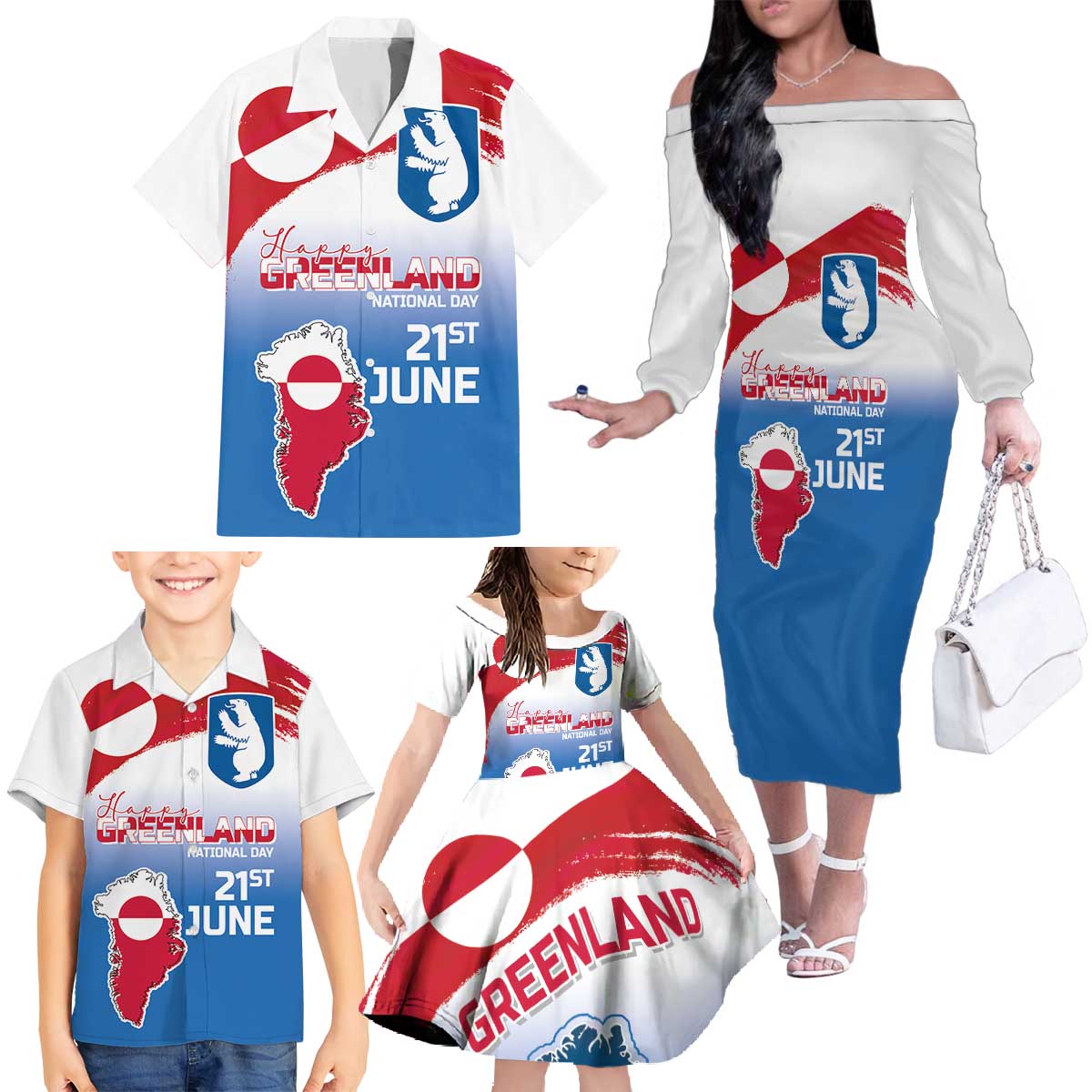 Greenland National Day Family Matching Off The Shoulder Long Sleeve Dress and Hawaiian Shirt National Country Flag and Emblem with The Map