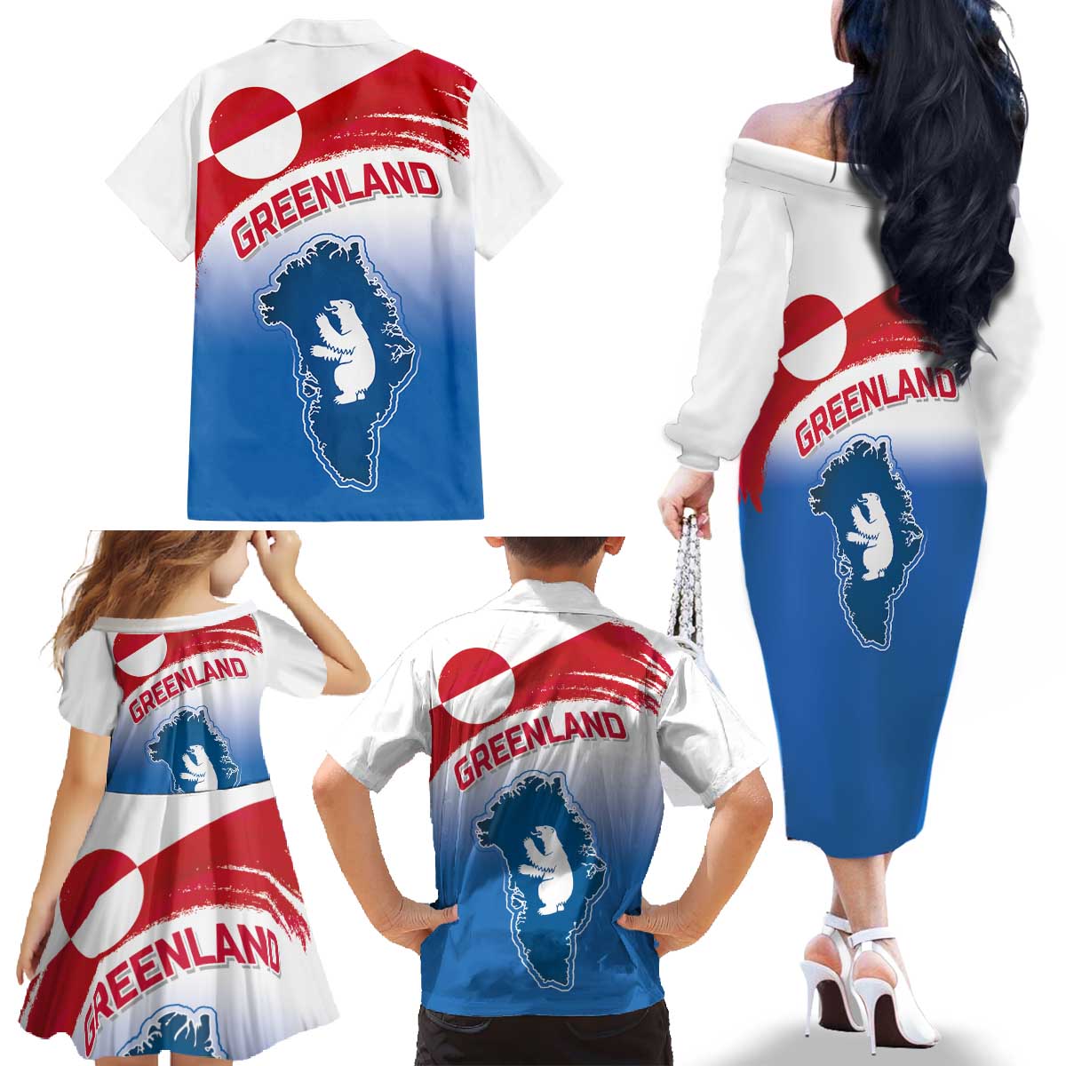 Greenland National Day Family Matching Off The Shoulder Long Sleeve Dress and Hawaiian Shirt National Country Flag and Emblem with The Map