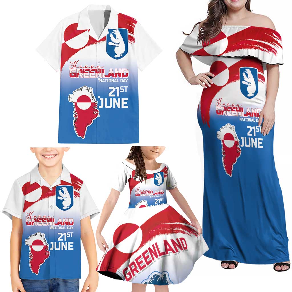 Greenland National Day Family Matching Off Shoulder Maxi Dress and Hawaiian Shirt National Country Flag and Emblem with The Map