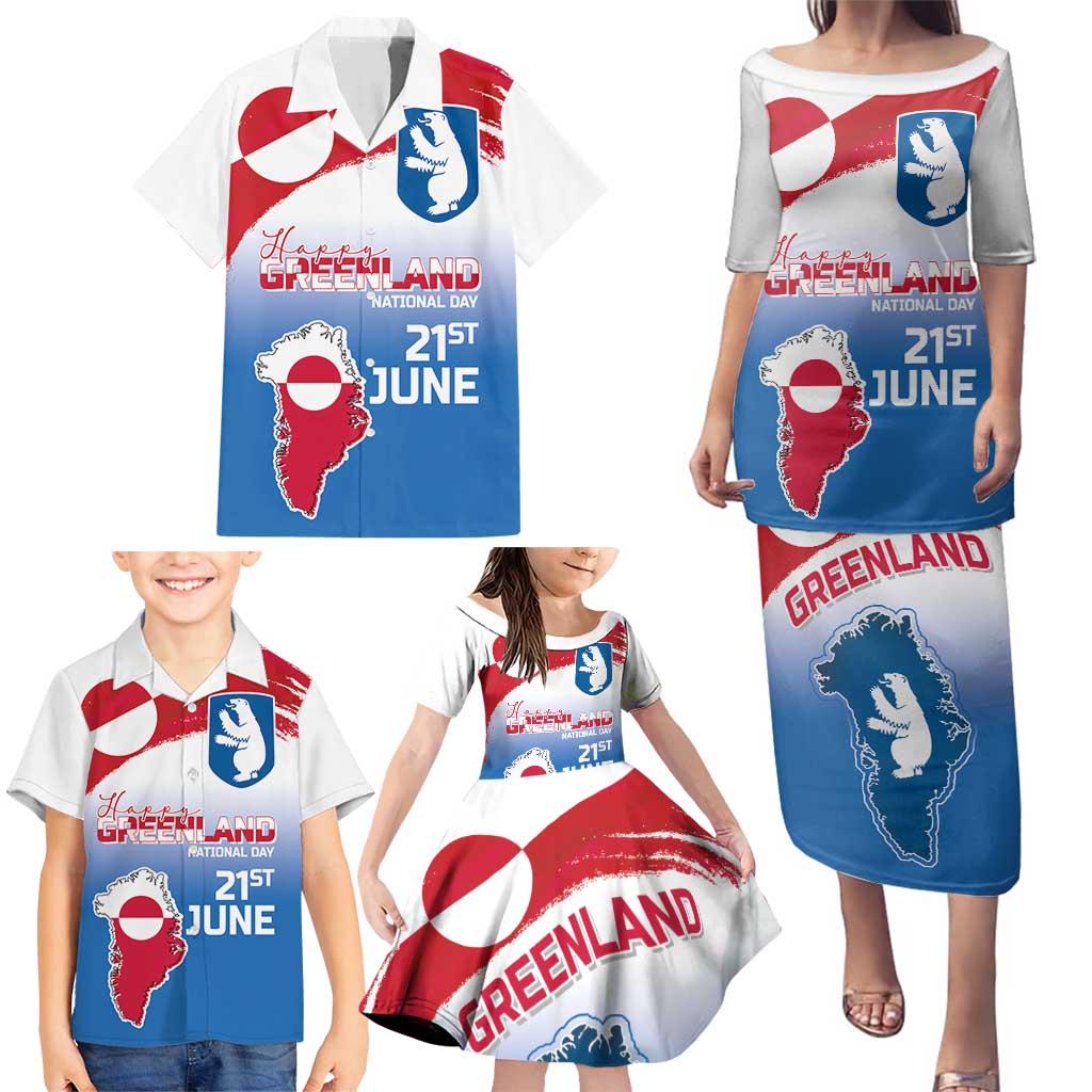 Greenland National Day Family Matching Puletasi and Hawaiian Shirt National Country Flag and Emblem with The Map