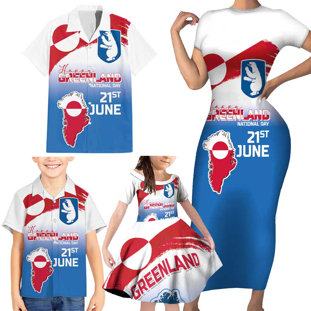 Greenland National Day Family Matching Short Sleeve Bodycon Dress and Hawaiian Shirt National Country Flag and Emblem with The Map