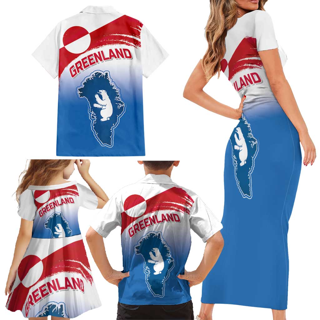 Greenland National Day Family Matching Short Sleeve Bodycon Dress and Hawaiian Shirt National Country Flag and Emblem with The Map