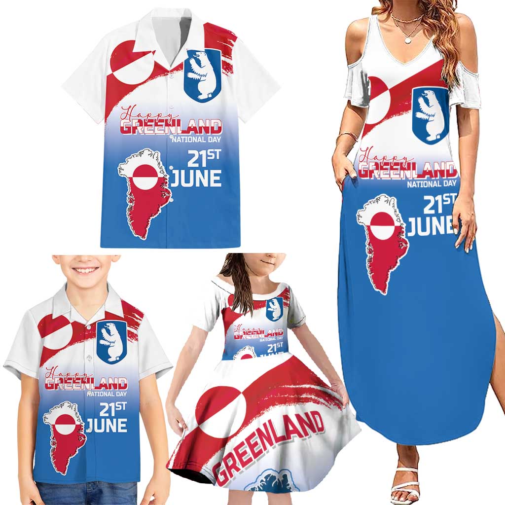 Greenland National Day Family Matching Summer Maxi Dress and Hawaiian Shirt National Country Flag and Emblem with The Map