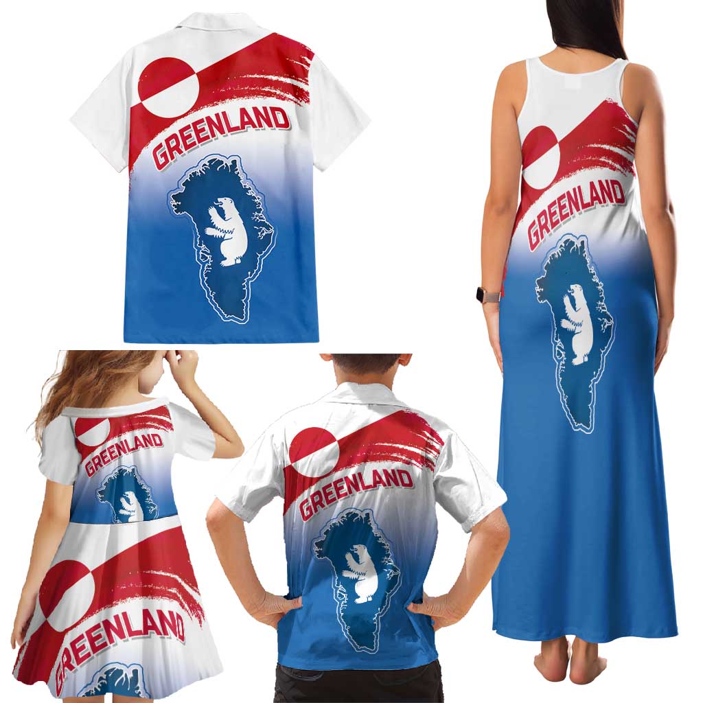Greenland National Day Family Matching Tank Maxi Dress and Hawaiian Shirt National Country Flag and Emblem with The Map
