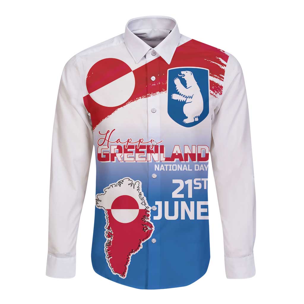 Greenland National Day Long Sleeve Button Shirt National Country Flag and Emblem with The Map