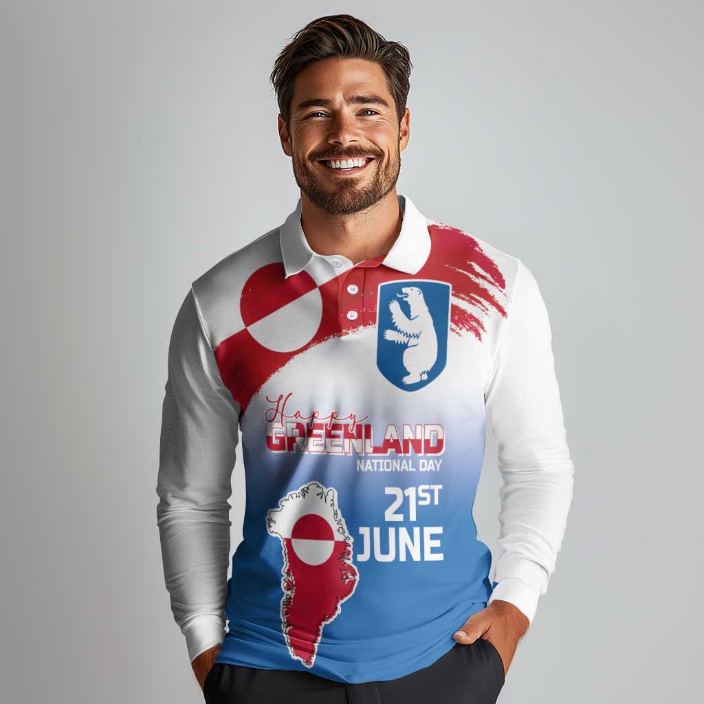 Greenland National Day Long Sleeve Polo Shirt National Country Flag and Emblem with The Map