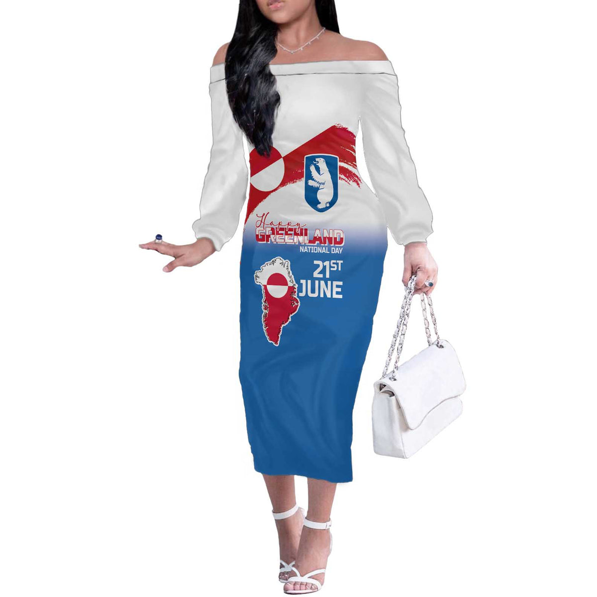 Greenland National Day Off The Shoulder Long Sleeve Dress National Country Flag and Emblem with The Map