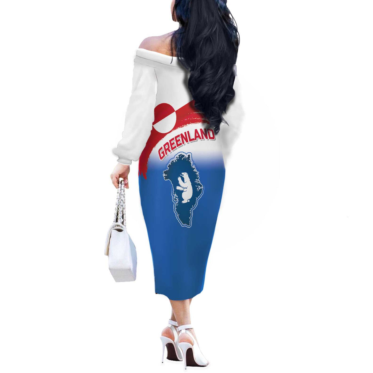 Greenland National Day Off The Shoulder Long Sleeve Dress National Country Flag and Emblem with The Map