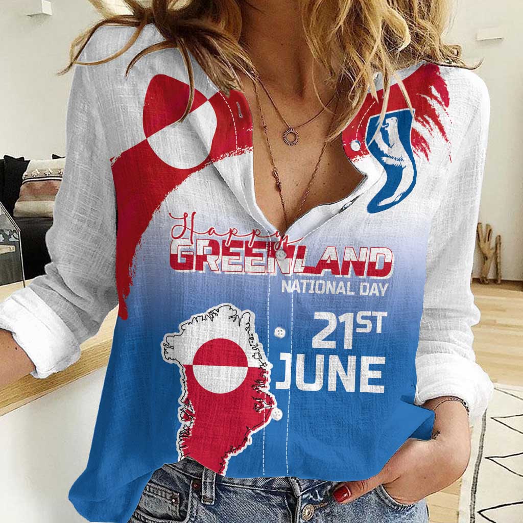 Greenland National Day Women Casual Shirt National Country Flag and Emblem with The Map