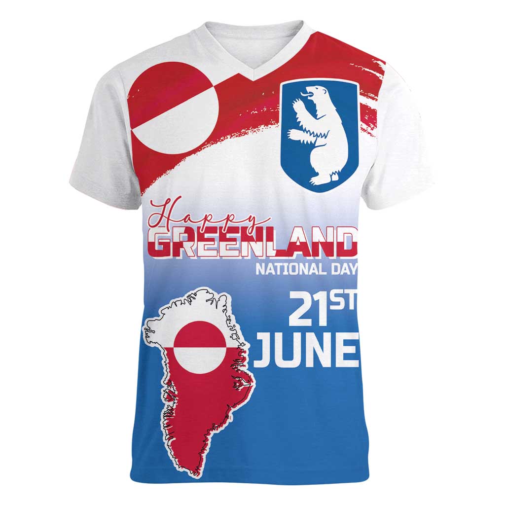 Greenland National Day Women V-Neck T-Shirt National Country Flag and Emblem with The Map