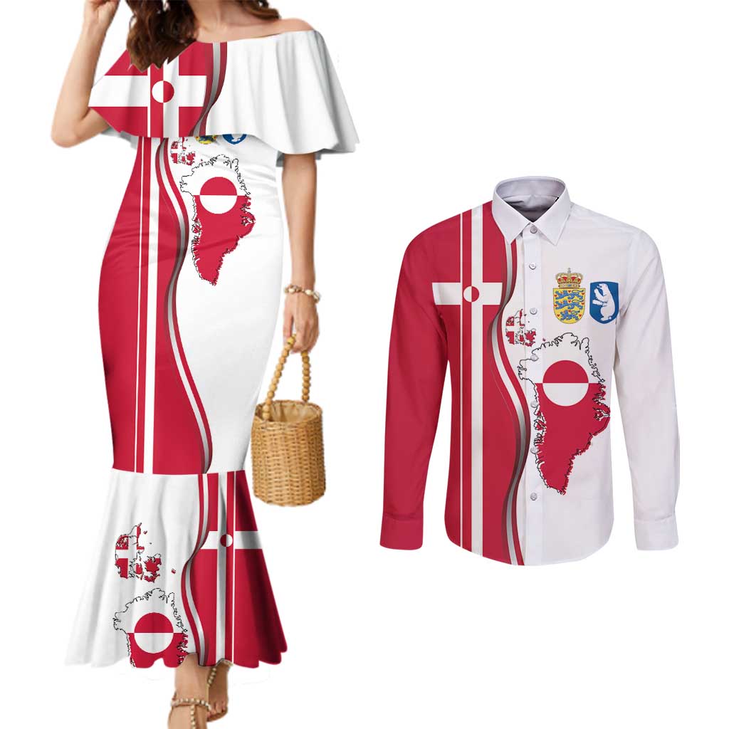 Greenland and Denmark Together Couples Matching Mermaid Dress and Long Sleeve Button Shirt National Country Map and Flag Style