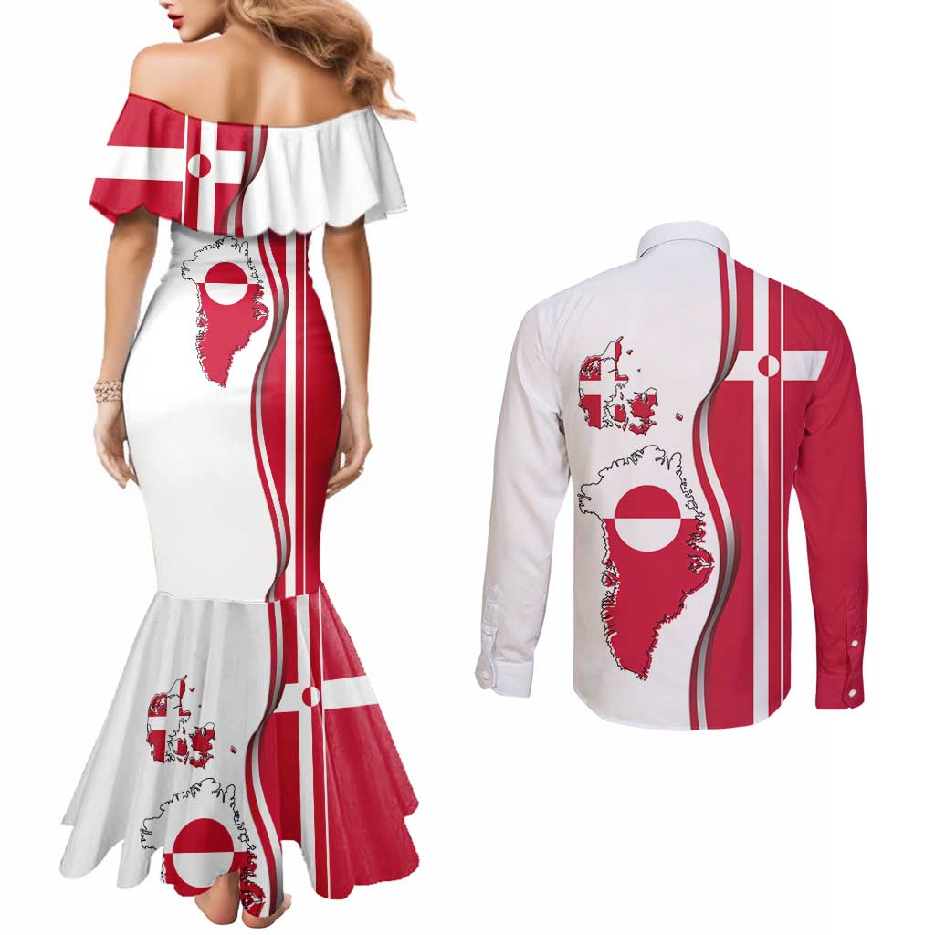 Greenland and Denmark Together Couples Matching Mermaid Dress and Long Sleeve Button Shirt National Country Map and Flag Style