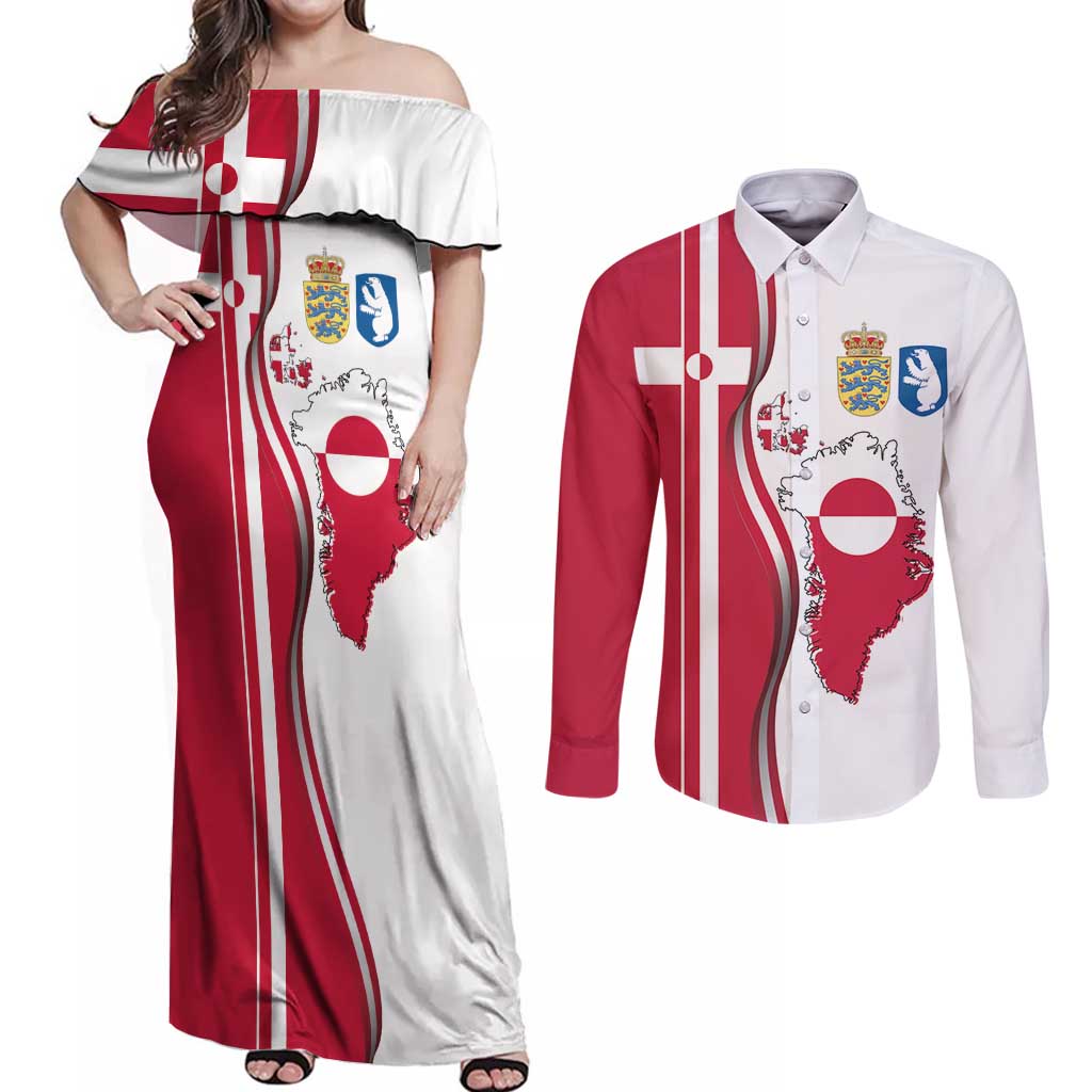 Greenland and Denmark Together Couples Matching Off Shoulder Maxi Dress and Long Sleeve Button Shirt National Country Map and Flag Style