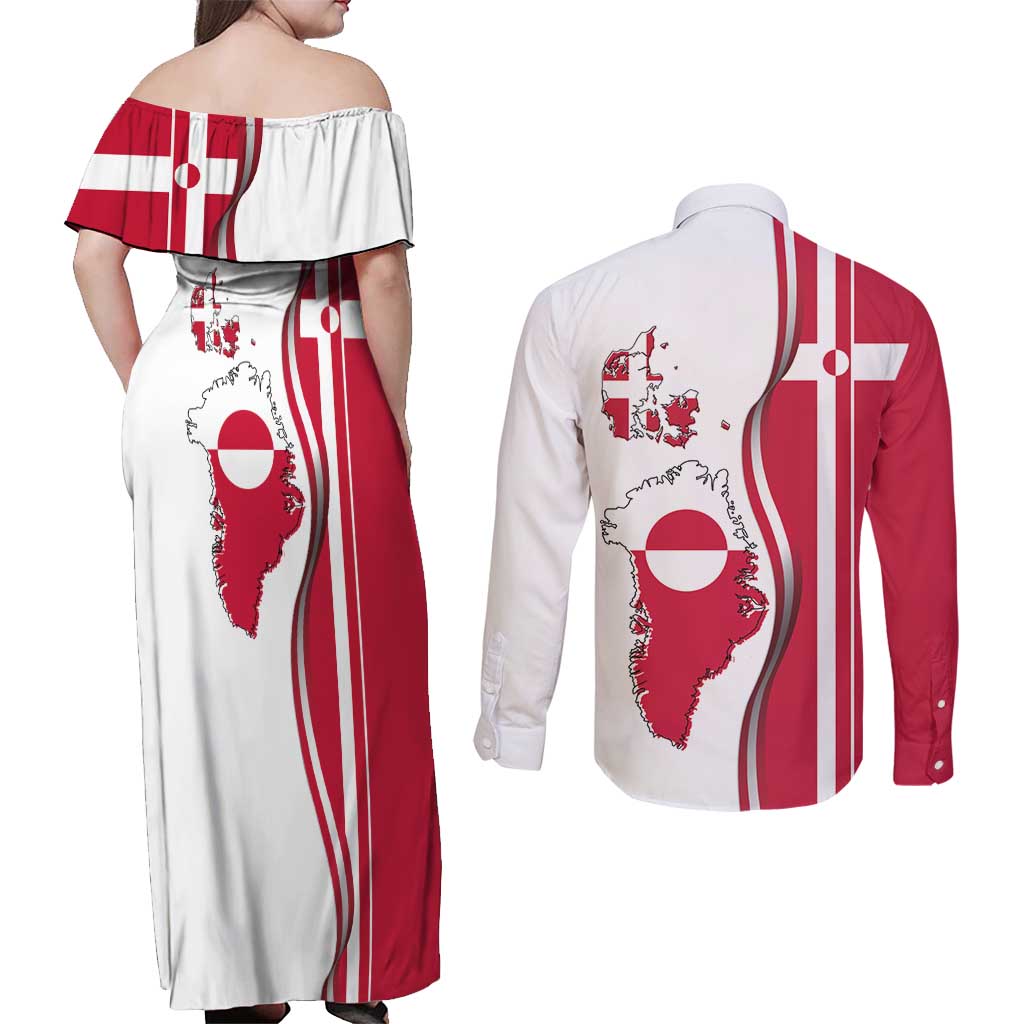 Greenland and Denmark Together Couples Matching Off Shoulder Maxi Dress and Long Sleeve Button Shirt National Country Map and Flag Style