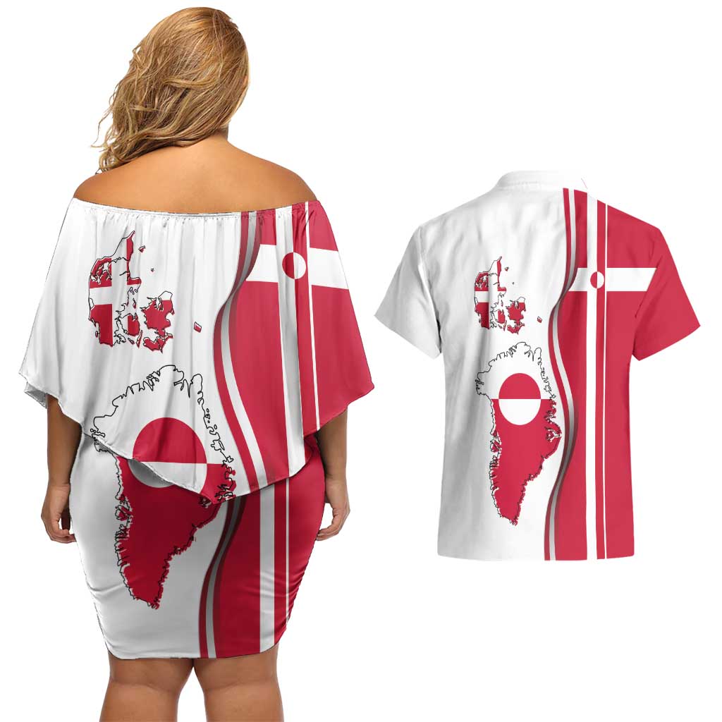Greenland and Denmark Together Couples Matching Off Shoulder Short Dress and Hawaiian Shirt National Country Map and Flag Style