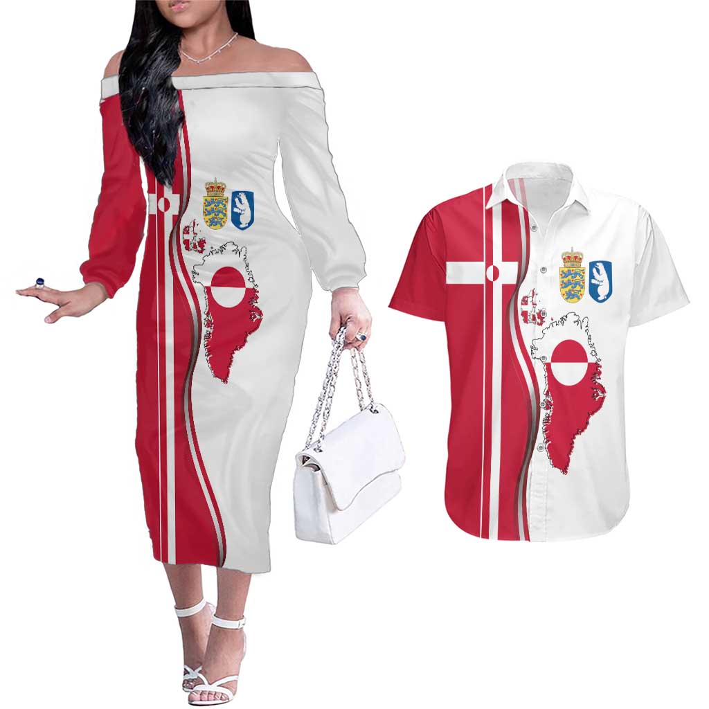 Greenland and Denmark Together Couples Matching Off The Shoulder Long Sleeve Dress and Hawaiian Shirt National Country Map and Flag Style