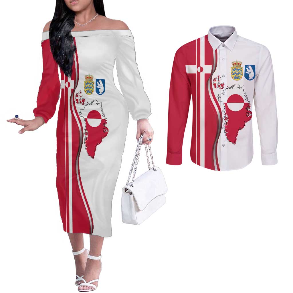 Greenland and Denmark Together Couples Matching Off The Shoulder Long Sleeve Dress and Long Sleeve Button Shirt National Country Map and Flag Style
