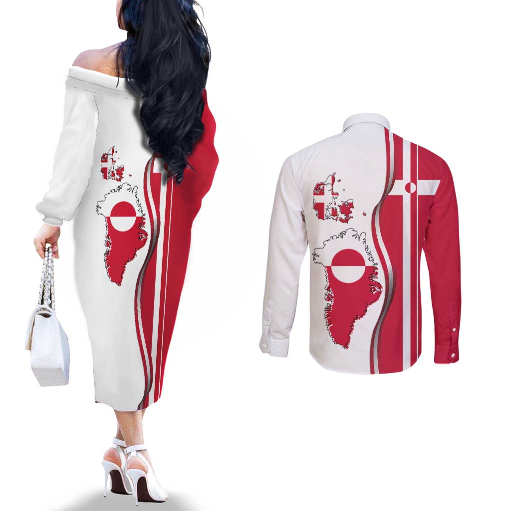 Greenland and Denmark Together Couples Matching Off The Shoulder Long Sleeve Dress and Long Sleeve Button Shirt National Country Map and Flag Style