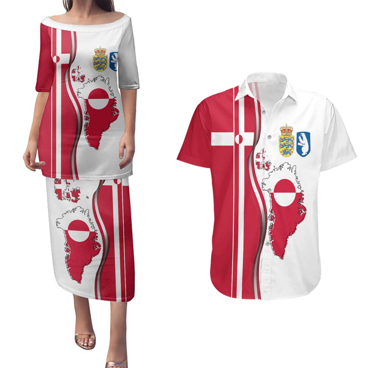 Greenland and Denmark Together Couples Matching Puletasi and Hawaiian Shirt National Country Map and Flag Style
