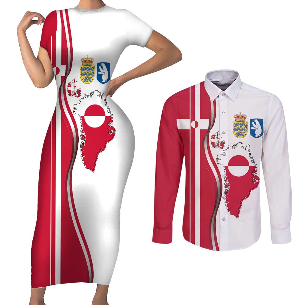 Greenland and Denmark Together Couples Matching Short Sleeve Bodycon Dress and Long Sleeve Button Shirt National Country Map and Flag Style