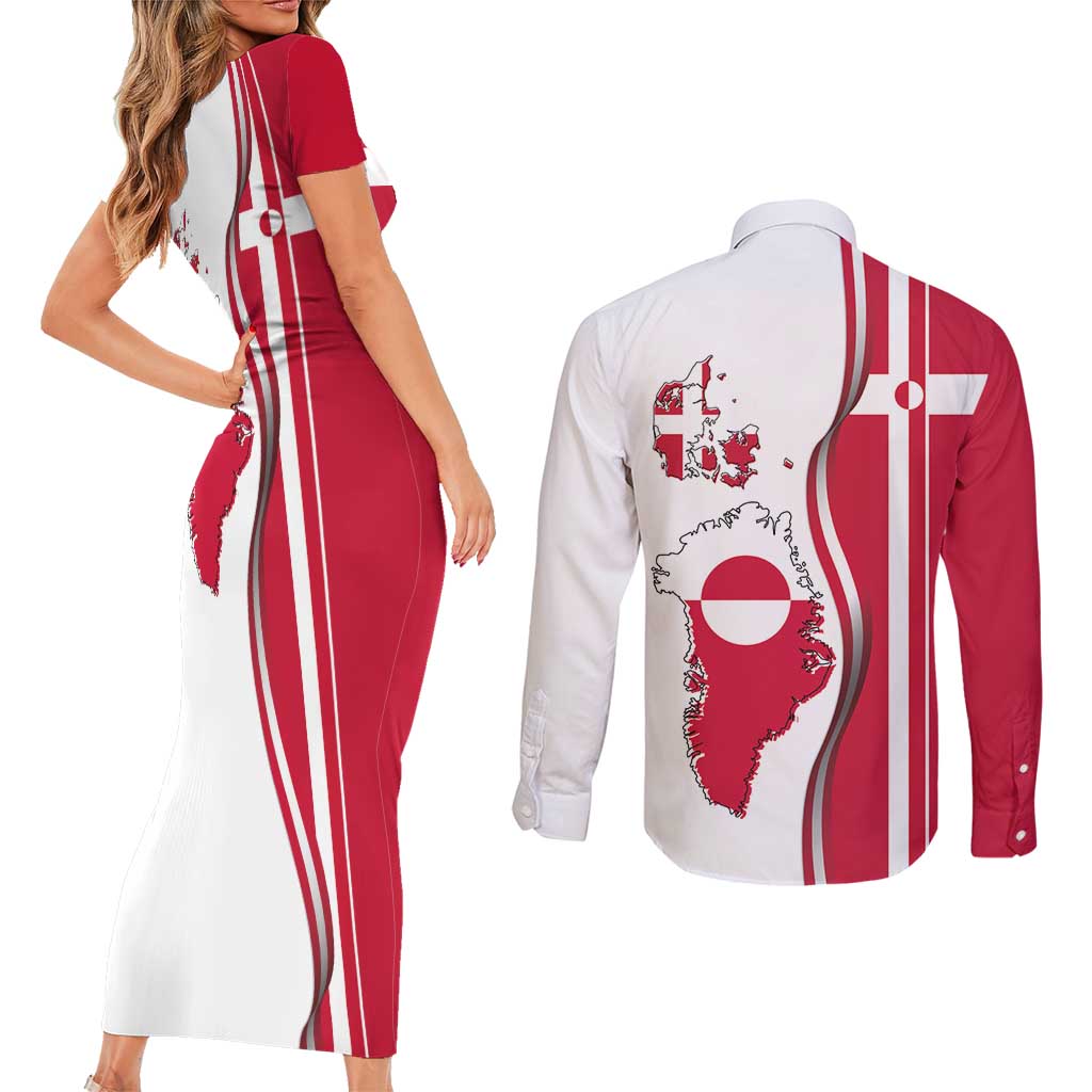 Greenland and Denmark Together Couples Matching Short Sleeve Bodycon Dress and Long Sleeve Button Shirt National Country Map and Flag Style
