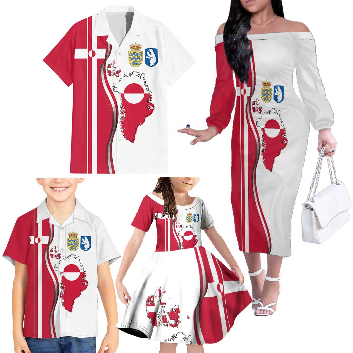 Greenland and Denmark Together Family Matching Off The Shoulder Long Sleeve Dress and Hawaiian Shirt National Country Map and Flag Style