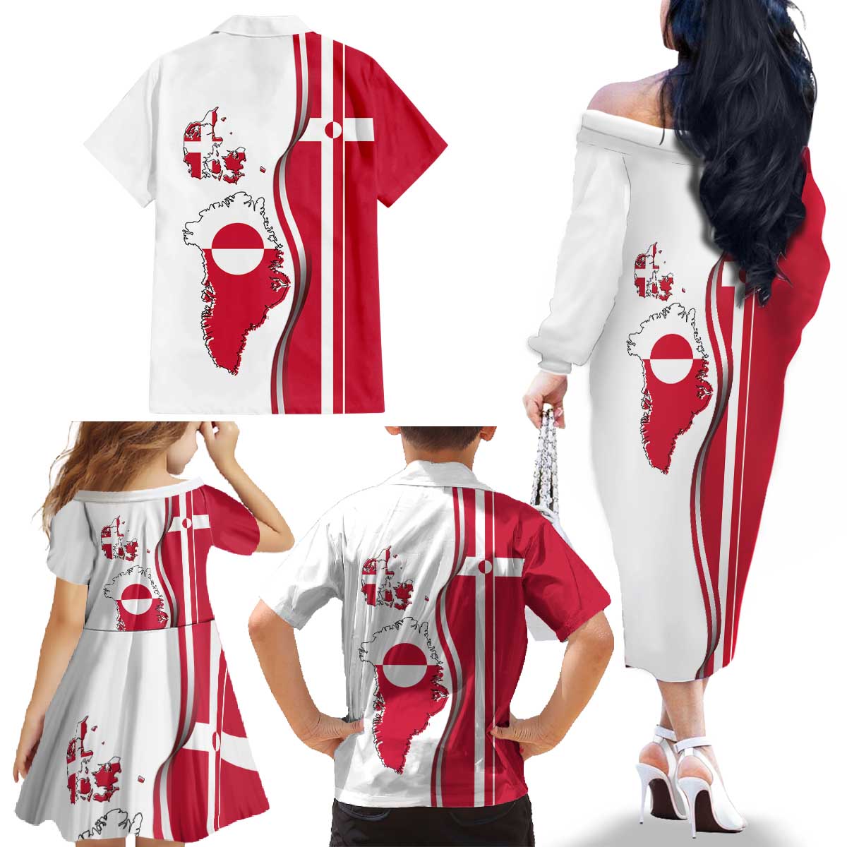 Greenland and Denmark Together Family Matching Off The Shoulder Long Sleeve Dress and Hawaiian Shirt National Country Map and Flag Style