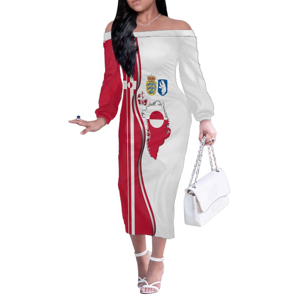 Greenland and Denmark Together Family Matching Off The Shoulder Long Sleeve Dress and Hawaiian Shirt National Country Map and Flag Style