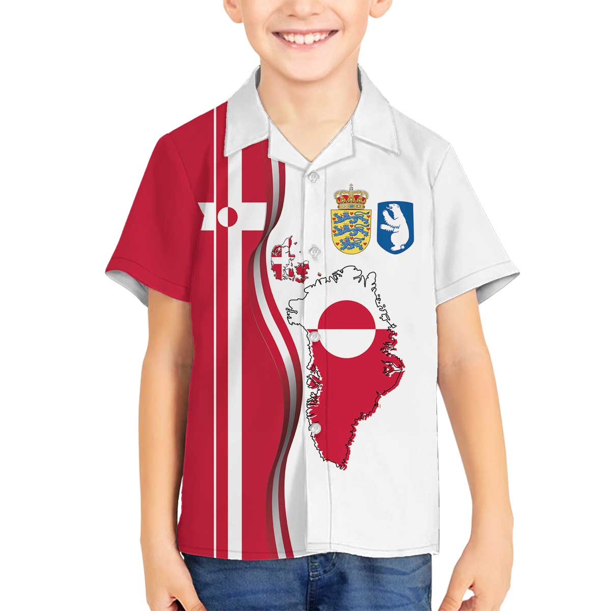 Greenland and Denmark Together Family Matching Off The Shoulder Long Sleeve Dress and Hawaiian Shirt National Country Map and Flag Style
