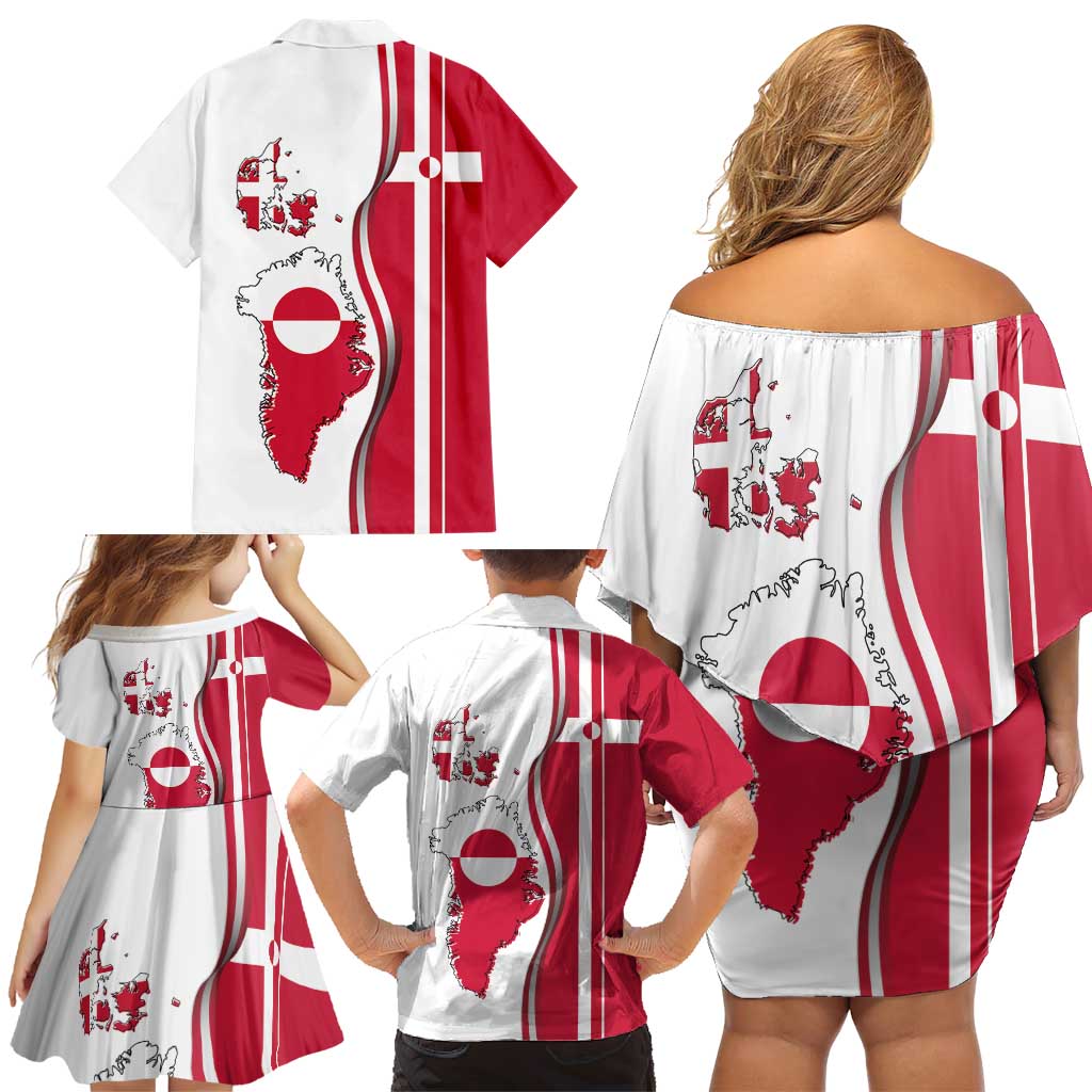Greenland and Denmark Together Family Matching Off Shoulder Short Dress and Hawaiian Shirt National Country Map and Flag Style