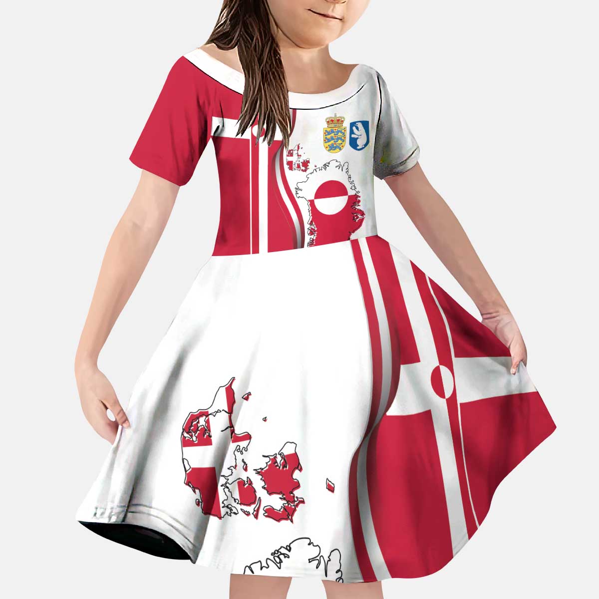 Greenland and Denmark Together Kid Short Sleeve Dress National Country Map and Flag Style