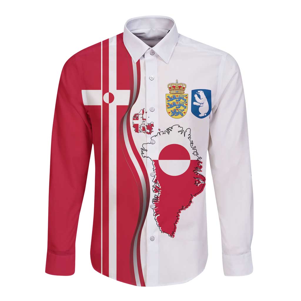 Greenland and Denmark Together Long Sleeve Button Shirt National Country Map and Flag Style