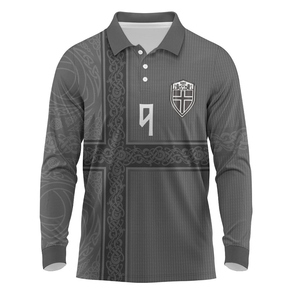Norwegian Football Custom Long Sleeve Polo Shirt Nordic Celtic Knot Cross Monochrome Scandinavian Design