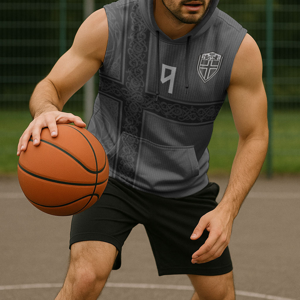 Norwegian Football Custom Sleeveless Hoodie Nordic Celtic Knot Cross Monochrome Scandinavian Design
