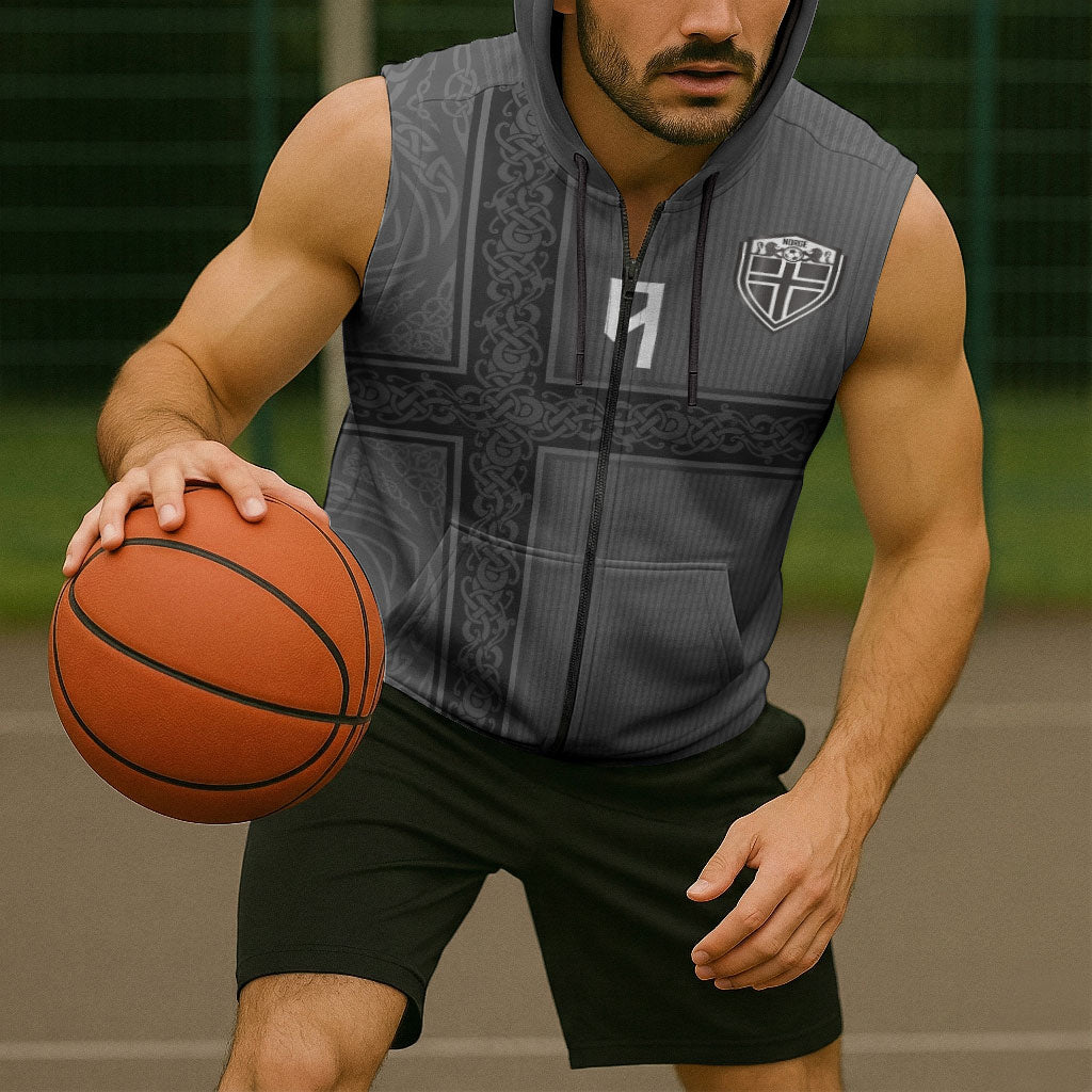 Norwegian Football Custom Sleeveless Zip Hoodie Nordic Celtic Knot Cross Monochrome Scandinavian Design