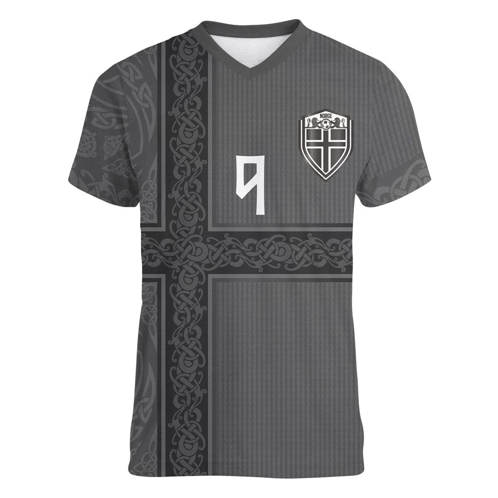 Norwegian Football Custom Women V-Neck T-Shirt Nordic Celtic Knot Cross Monochrome Scandinavian Design