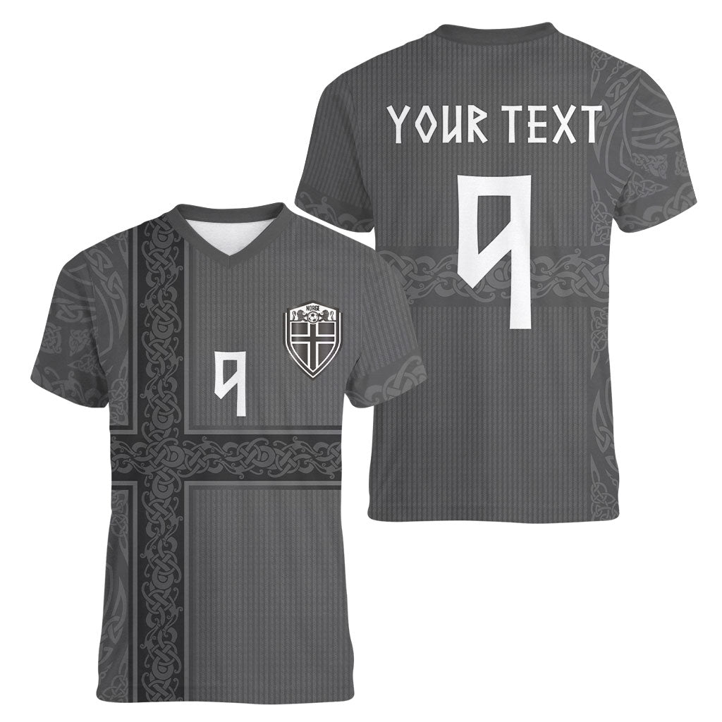 Norwegian Football Custom Women V-Neck T-Shirt Nordic Celtic Knot Cross Monochrome Scandinavian Design