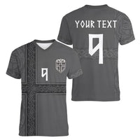 Norwegian Football Custom Women V-Neck T-Shirt Nordic Celtic Knot Cross Monochrome Scandinavian Design