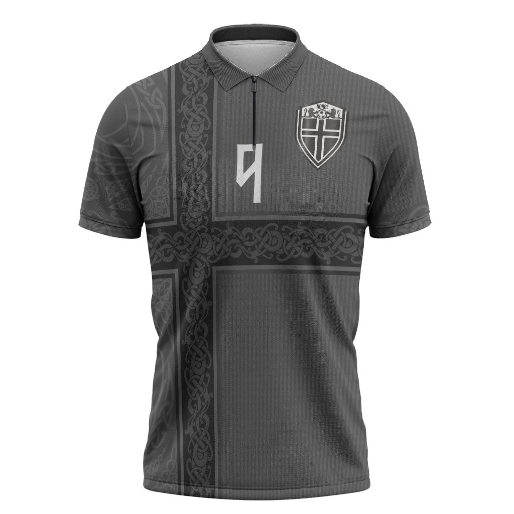 Norwegian Football Custom Zipper Polo Shirt Nordic Celtic Knot Cross Monochrome Scandinavian Design