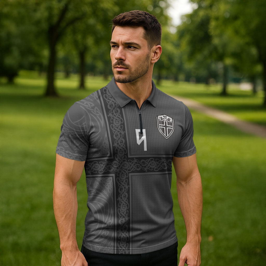 Norwegian Football Custom Zipper Polo Shirt Nordic Celtic Knot Cross Monochrome Scandinavian Design