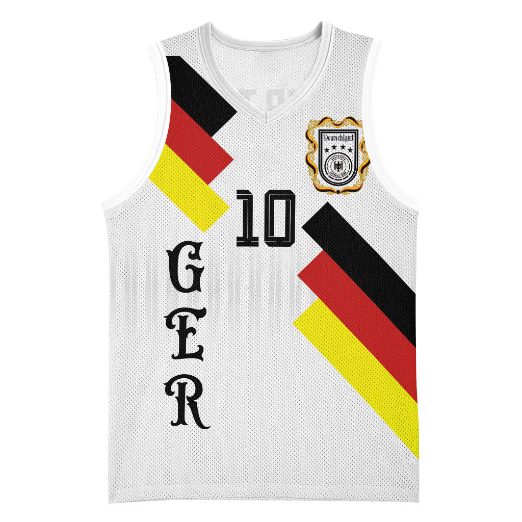 German Football Custom Basketball Jersey Retro Geometric Flag Stripe Heritage Shield Design