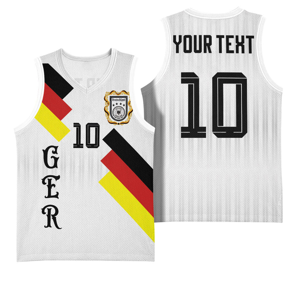 German Football Custom Basketball Jersey Retro Geometric Flag Stripe Heritage Shield Design
