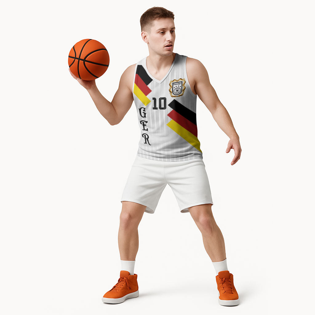 German Football Custom Basketball Jersey Retro Geometric Flag Stripe Heritage Shield Design