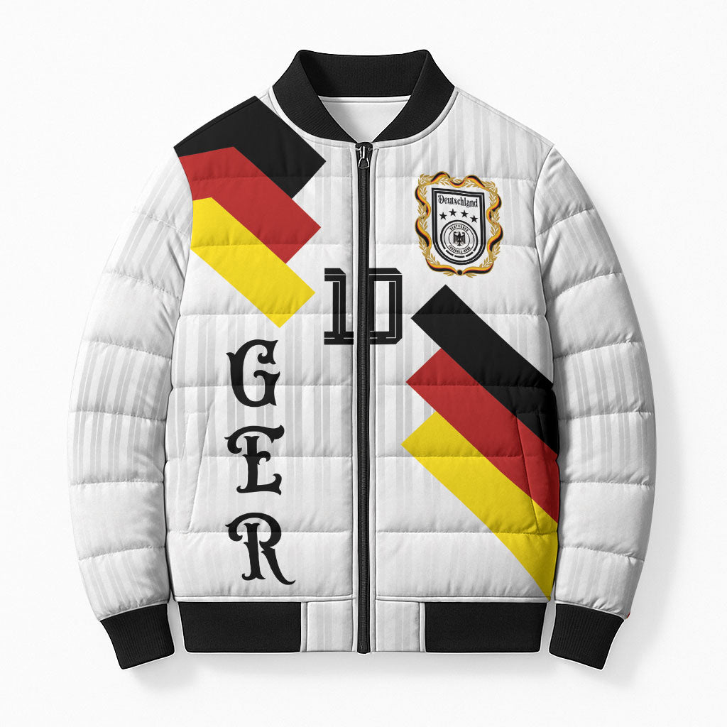 German Football Custom Bomber Puffer Jacket Retro Geometric Flag Stripe Heritage Shield Design